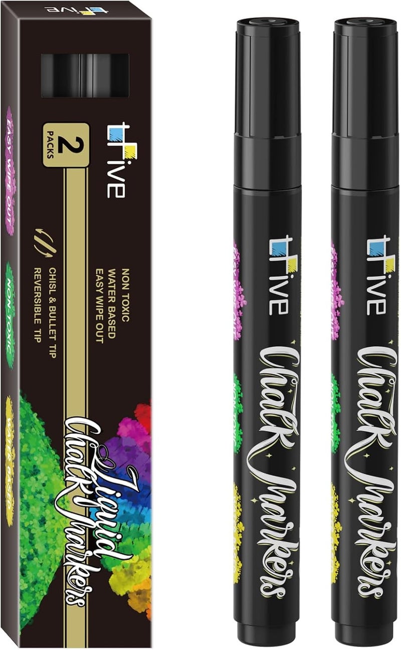 TFIVE Black Liquid Chalk Markers - 2 Pack Bright Colors Erasable Chalk Marker Pens, Reversible Tip, Non-Toxic, for Chalkboards, Signs, Glass, Easy to use Chalk markers TF800 - Image 1
